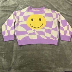 Oversized Purple and yellow checkered smiley face sweater